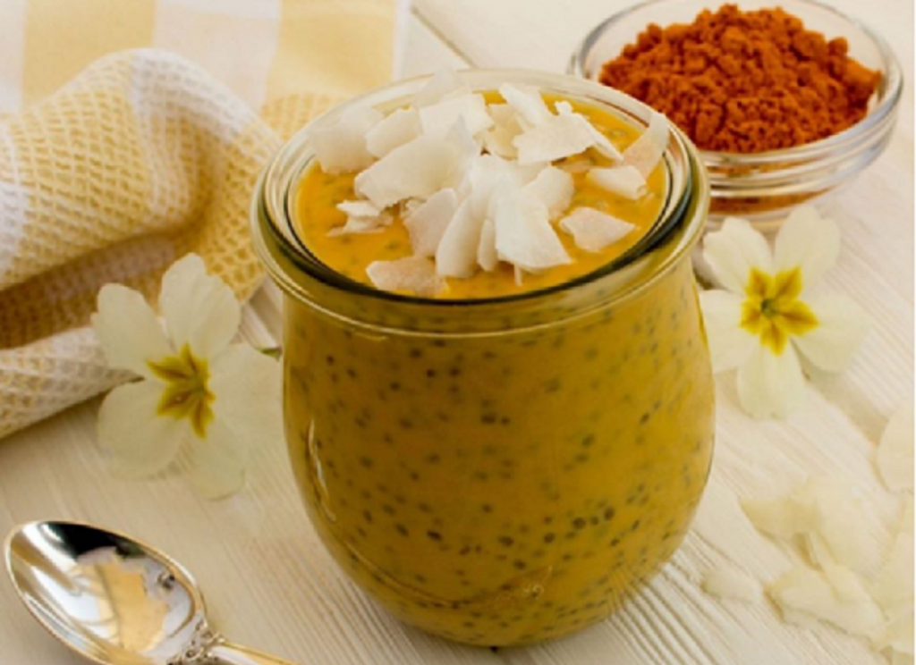 Immunity Boosting Turmeric Chia Pudding Recipe - Ideal During Quarantine. A glass of pudding kept on the table