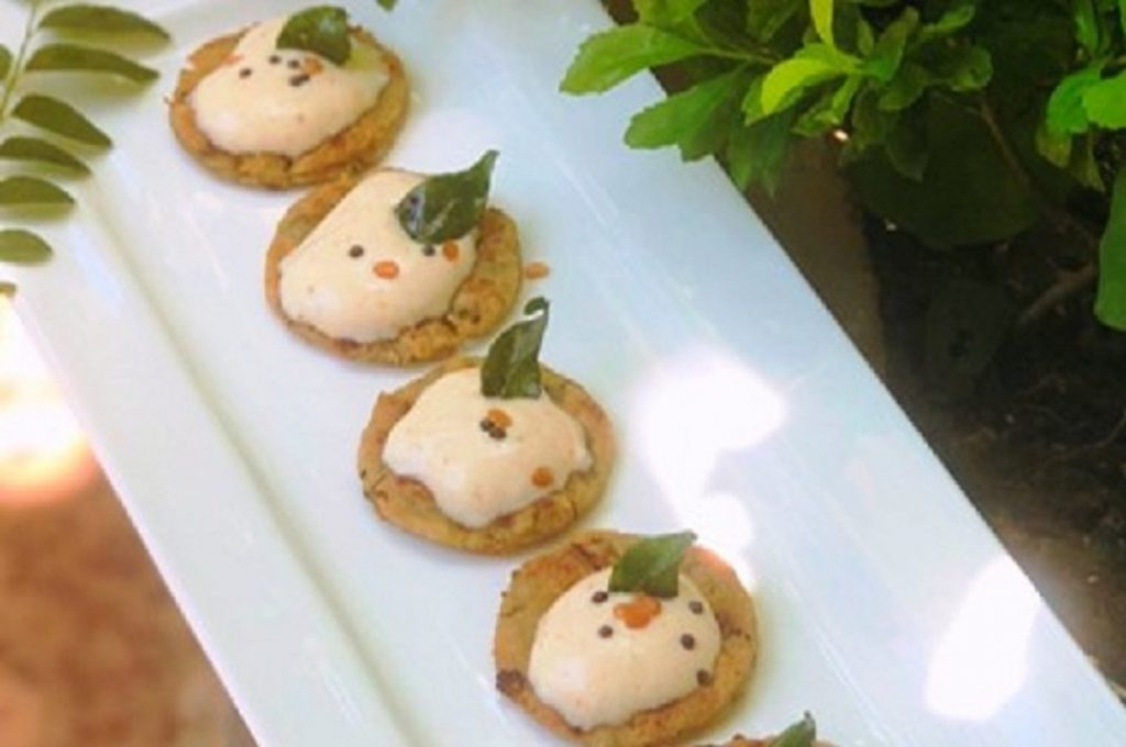 Quarantine Healthy Snack Idea For Kids - Akki Roti Canapes kept on a white plate