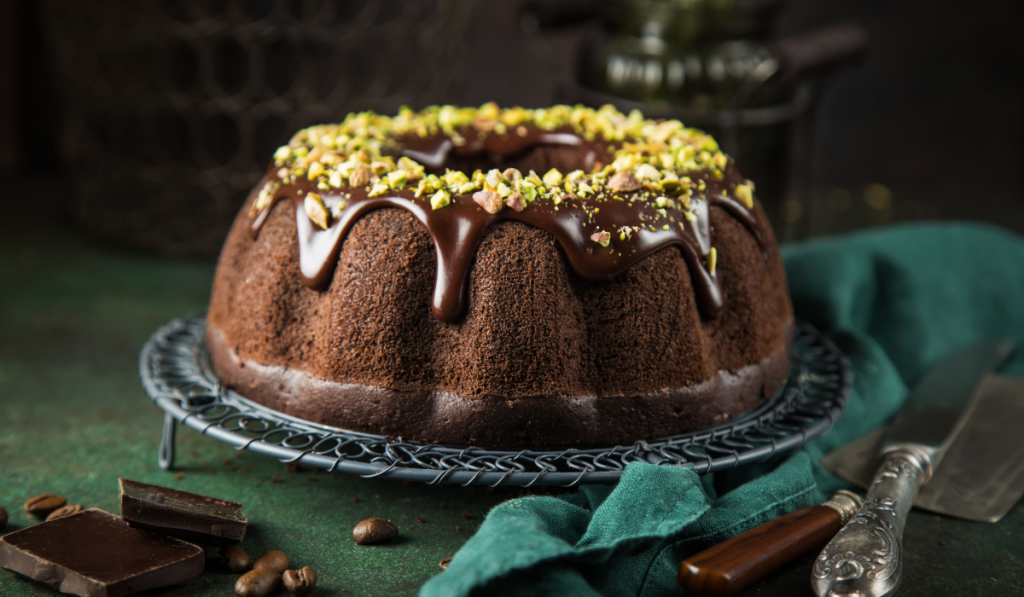 Bundt Cake with chocolate and nuts icing