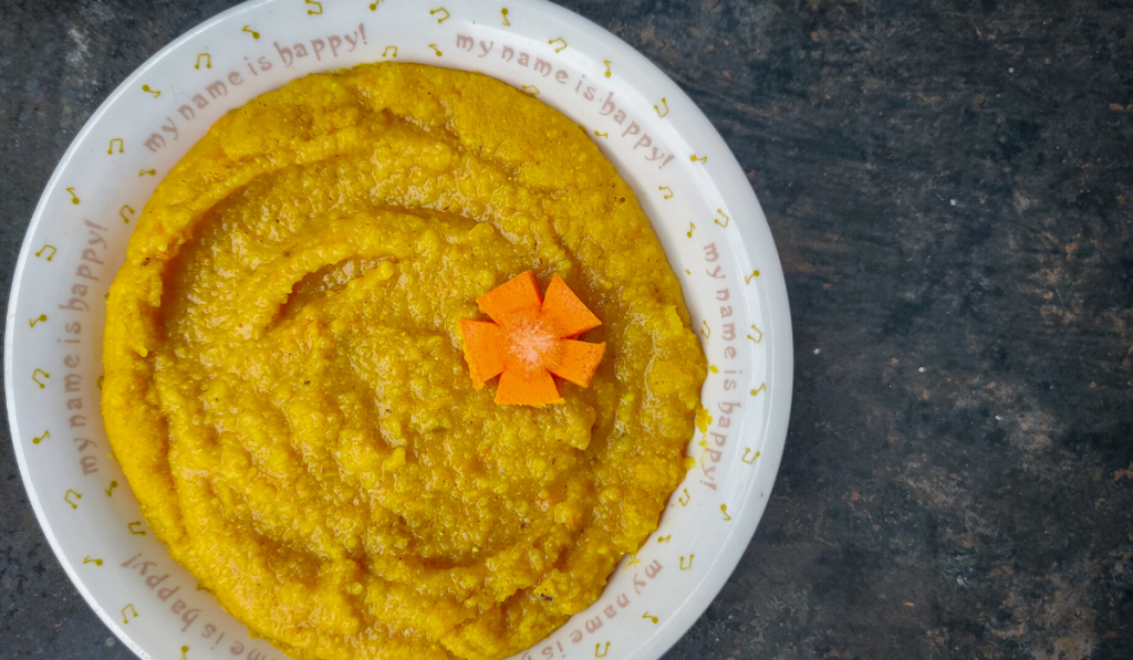 Nutritional Punch For Your Little One With Organic Brown Rice Khichdi. A bowl of khichdi kept in a white bowl.