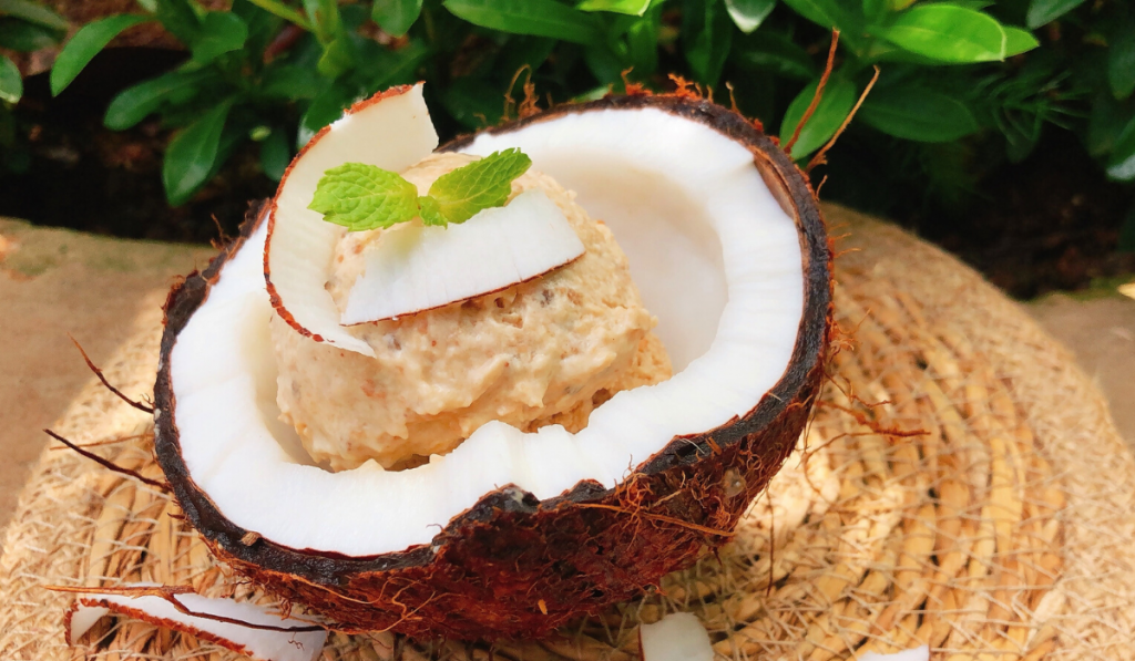 Summer Battling Healthy Recipe – Kulfi Trio. Kulfi kept on a cut coconut.