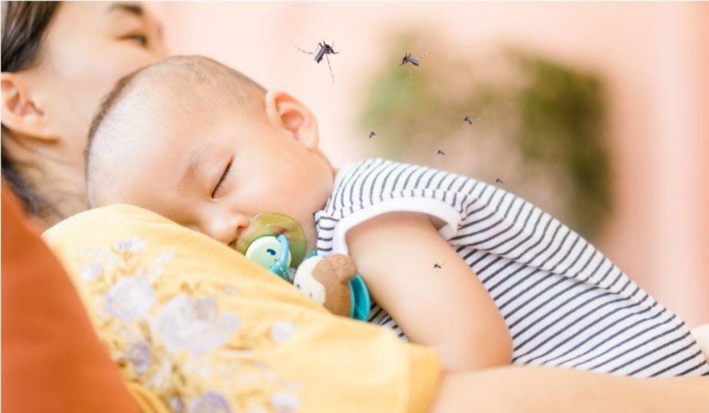 Natural Ways To Get Rid Of Mosquitoes. A baby sleeping with mosquitoes hovering over him
